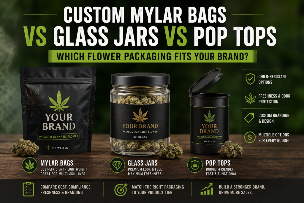 Custom Mylar Bags vs Glass Jars vs Pop Tops: Which Flower Packaging Fits Your Brand?